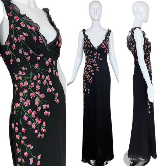 VALENTINO BOUTIQUE 90's Vintage Floral Beaded Black Silk Gown Maxi Dress - Picture 1 of 14